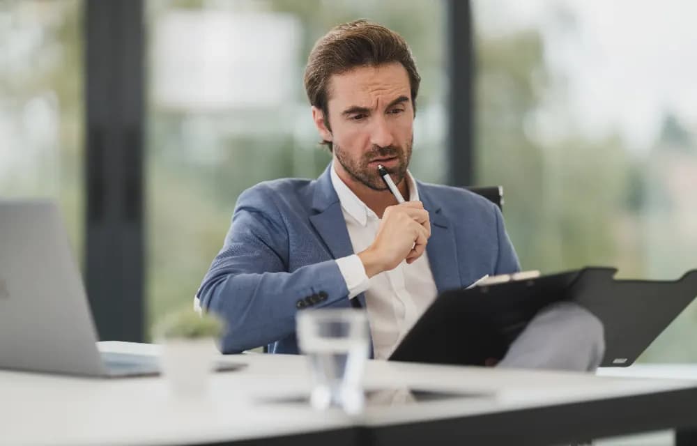 Une personne relit des documents posés sur un bureau, à côté d'un ordinateur portable.